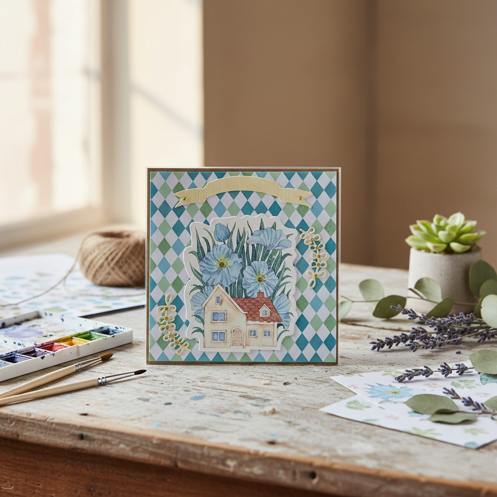 describe-a-change-86c7e14e-ad87-4652-b0fb-d4f542a9912b Carte Double "Maison en Fleurs – Bleu & Fleurs Gemmées – Image 1
