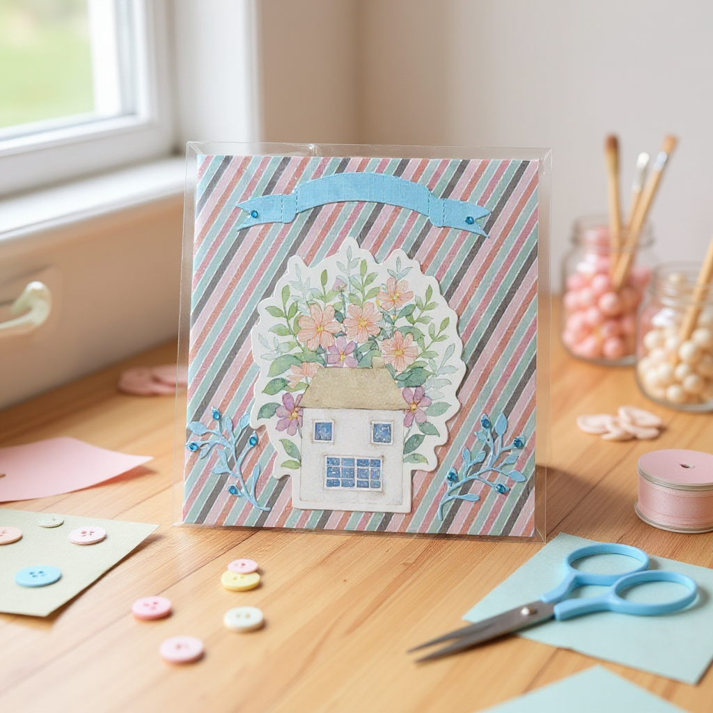 photonjnk (24) Carte Double "Maison en Fleurs – Rayures Pastel – Image 1